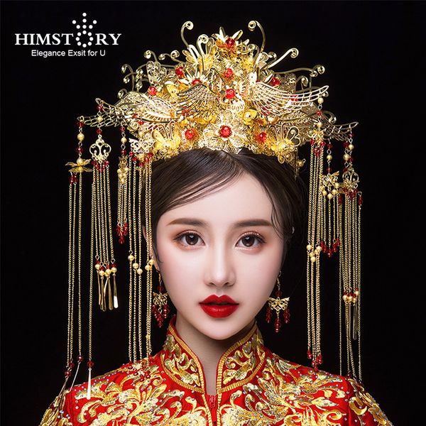 

himstory classical chinese wedding phoenix queen coronet crown brides gold hair jewelry accessories tassel wedding hairwear mx200720, White;golden
