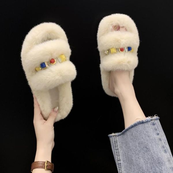 

flock low shoes woman 2020 slippers women summer rivet pantofle luxury slides fur flip flops new flat designer plush soft, Black