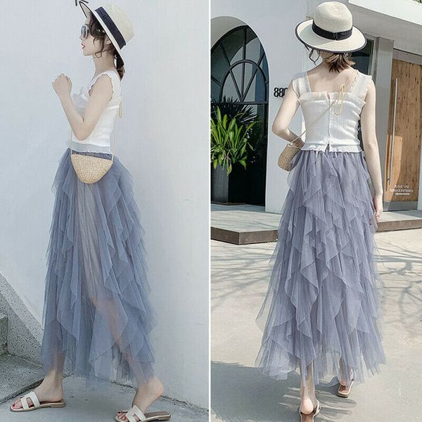

new fashion 2020 new arrival womens irregular tulle layered swing high waist casual polyester drop shipping, Black;gray