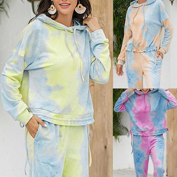 

running sets women's tracksuit 2021 autumn long sleeve sweatershirt sport suit hooded sweater sports set outfits tie dye fashion, Black;blue