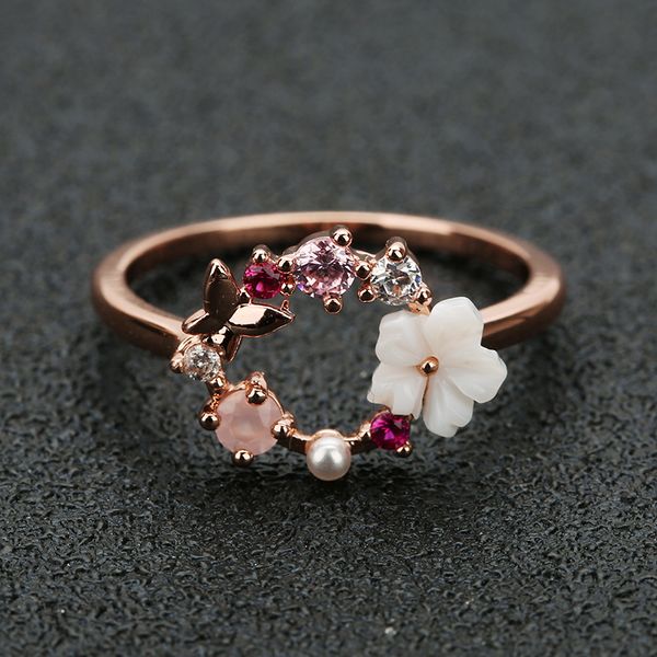 

fashion creative butterfly flowers crystal finger wedding rings for women rose gold zircon glamour ring jewelry girl gift, Silver
