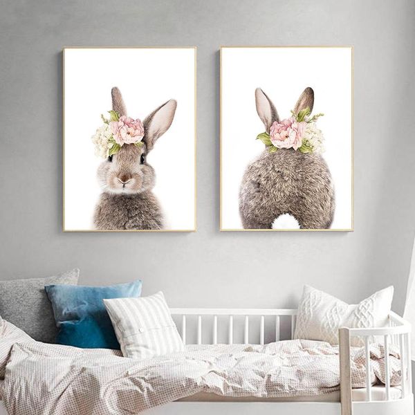 

bunny rabbit nursery canvas painting animals print pink flower art wall art picture for living room home decor (no frame)