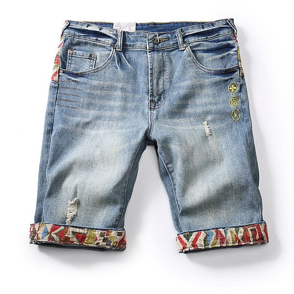 

2020 designer jeans men summer new retro british stitching denim short jeans men fashion hole stretch straight five-point pants, Blue