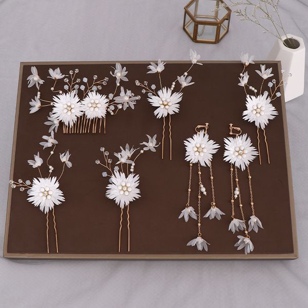 

gold flowers tiara hair comb pins earrings crystal handmade wedding hair jewelry for women bride hairpin trendy head accessories, Golden;silver