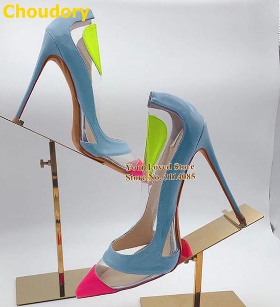 

women designer pink pointed toe high heels sky blue neon patent leather dress pumps 12cm transparent pvc caged wedding shoes, Black