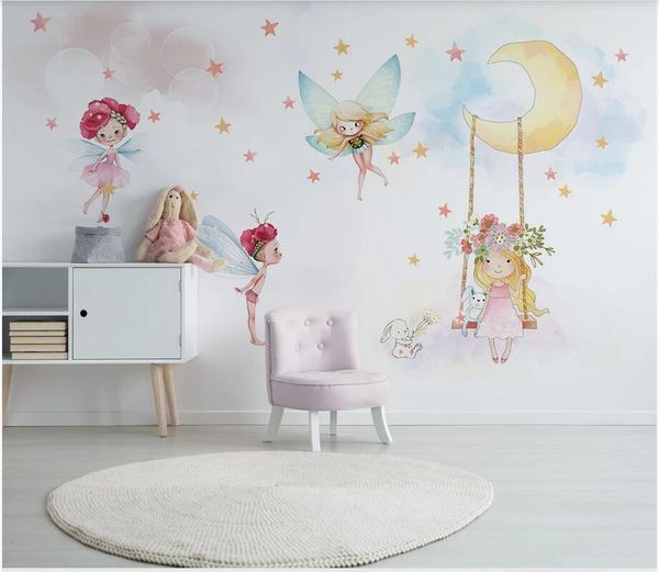 

3d wallpaper custom p mural nordic modern minimalist hand-painted cute elf girl children's background wallpaper for walls in rolls