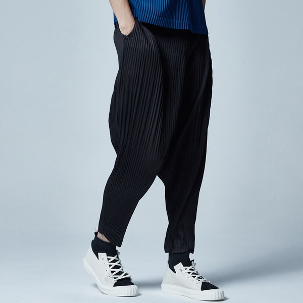 

miyake pleated trousers men spring new radish trousers loose fashion casual hallen nine-minute trousers men t200729, Black