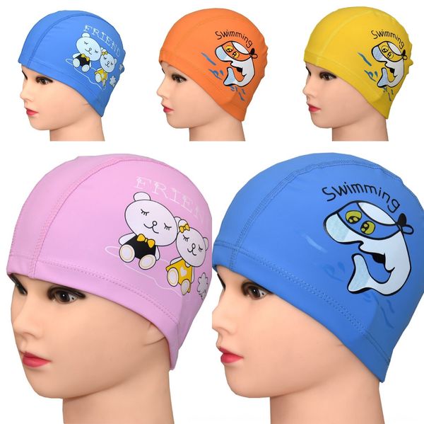 

professional printing children's waterproof hair care pu coated swimming cap cute printing swimming cap