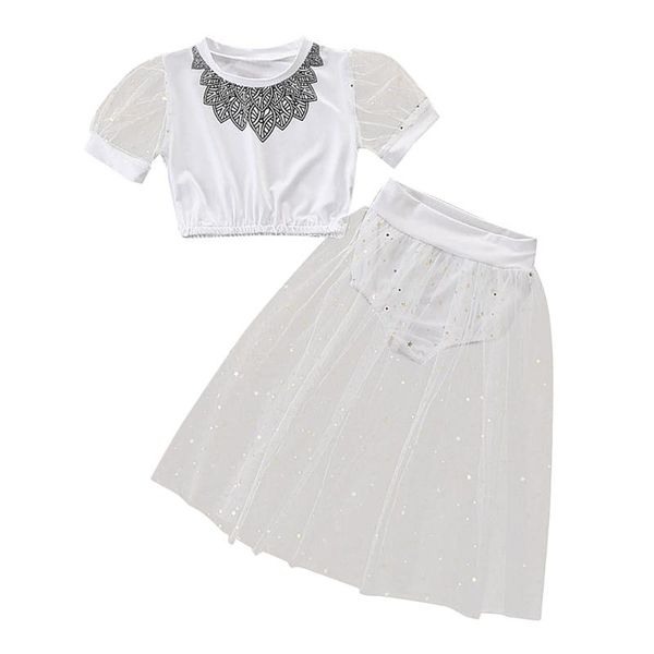 

toddler kids baby girls puff sleeve +paillette sequin patchwork skirts set, White