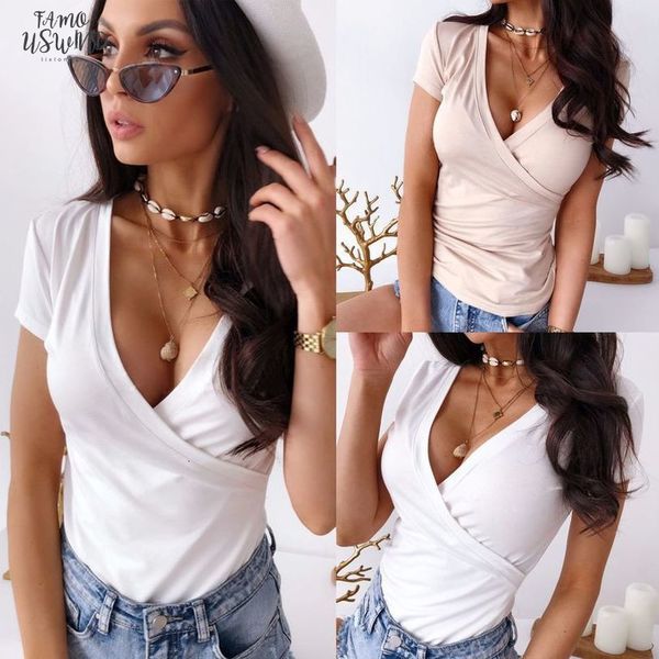 

2020 women summer clothing short sleeve deep v neck pink white women shirt bodycon women