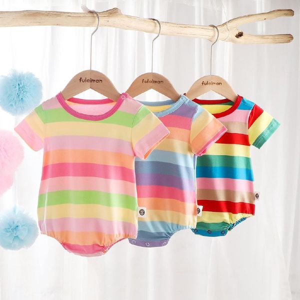 

newborn baby clothes 2020 baby girl romper jumpsuit rainbow striped short sleeve rompers summer one pieces cotton sunsuit, Blue