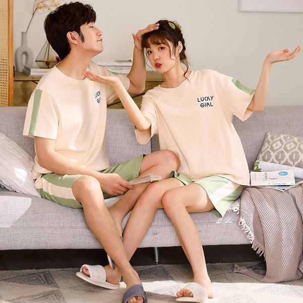 

urvq5 couple clothes home furnishing clothing pajamas summer cotton short sleeve simple korean style casual women's men's home clo, Black;brown