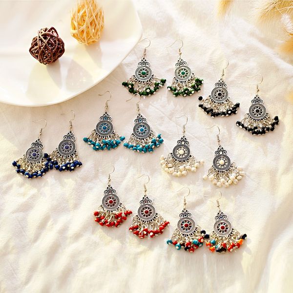 

2020 colorful beads tassel jhumka ethnic bollywood dangle earrings for women gypsy tribe round carved fashion jewelry, Silver