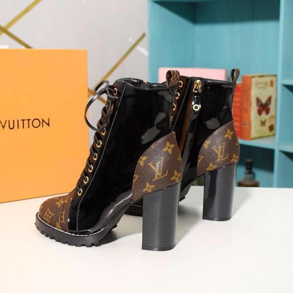 

women luxury boots leather star trail ankle boot chunky heel luxury style womens shoes bottes femmes with box comfortable lady shoes vintage, Black