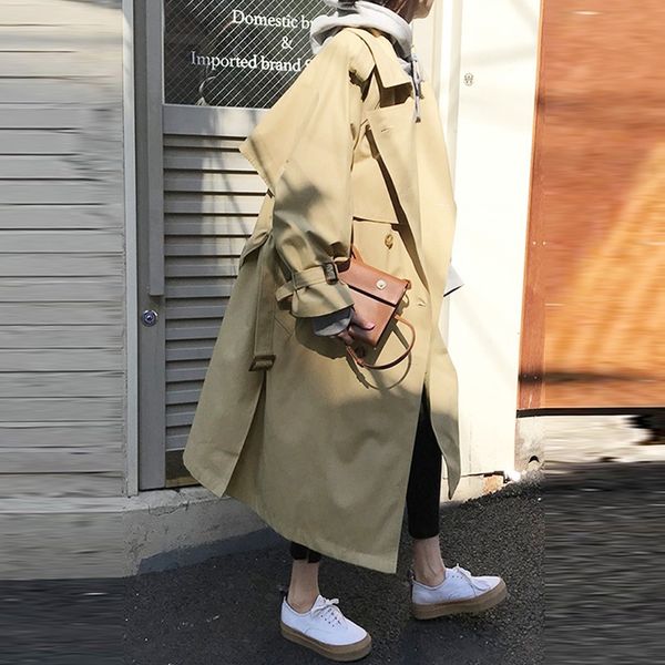 

2019 new autumn women's mid-length long sleeve mid-length trench windbreaker coat coat for women, Tan;black