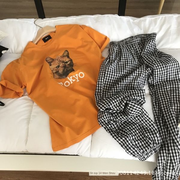 

summer cat women's home clothes suit t-shirt home clothes t-shirt pajamas + plaid pajamas knicker pants, Blue;red