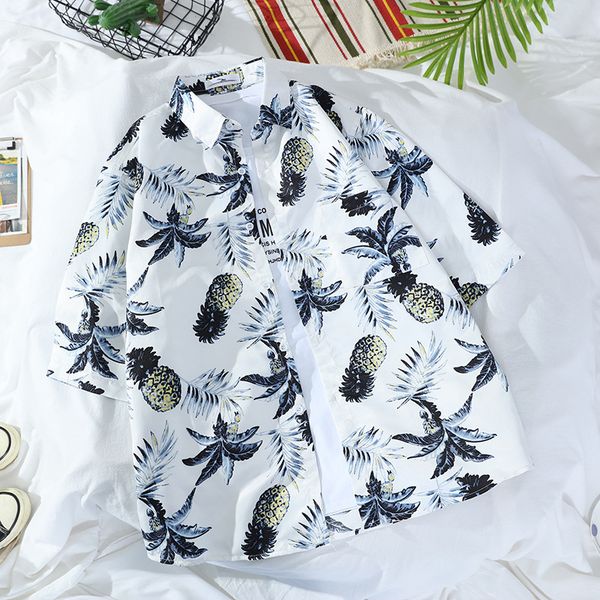 

men's casual shirts summer men shirt short sleeve retro couple thin beach flower hawaii seaside holiday, White;black