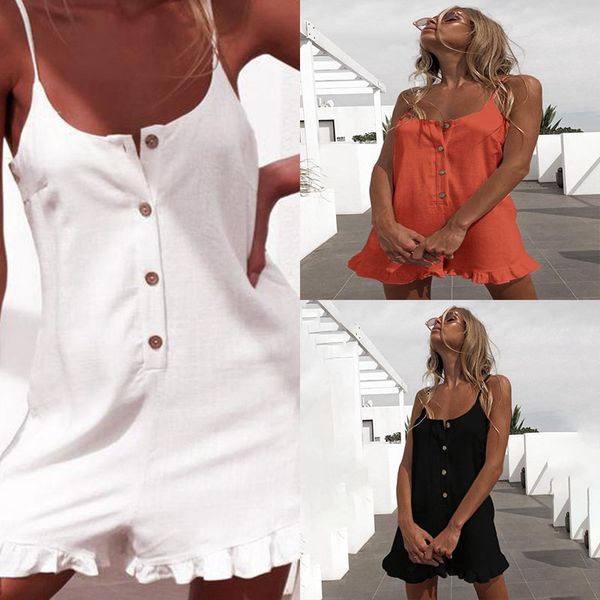 

sleeveless button ruffle off shoulder halter women playsuit women romper playsuit, Black;white