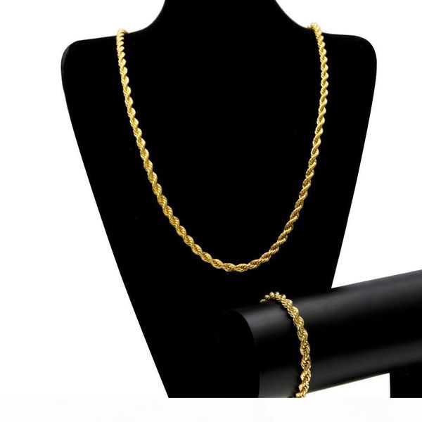 

hiqh quality copper gold plated men 6mm twist chain necklace bracelet set hip hop rope chain rock jewelry sets, Golden;silver