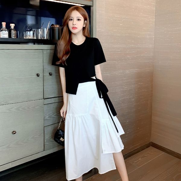 

tne9y 2020 summer new set women's irregular mid-length high waist slimming half-length umbrella umbrella skirt skirt two-piece set for, Gray