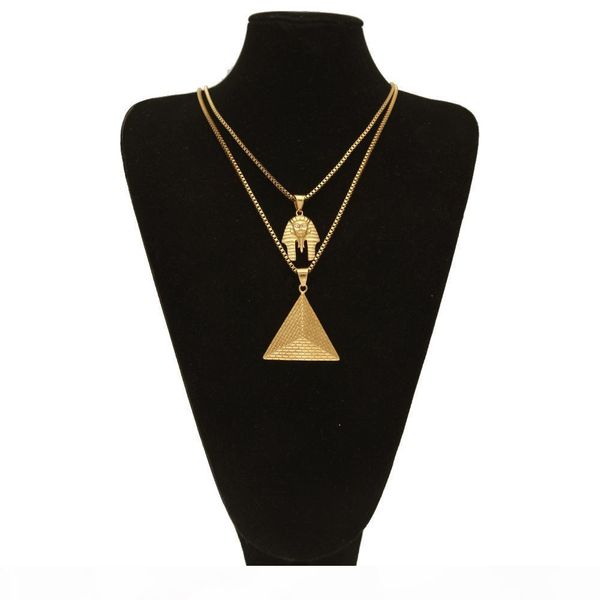 

stainless steel men hip hop gold plated pharaoh pyramid pendant necklace set face triangle jewelry sets, Silver
