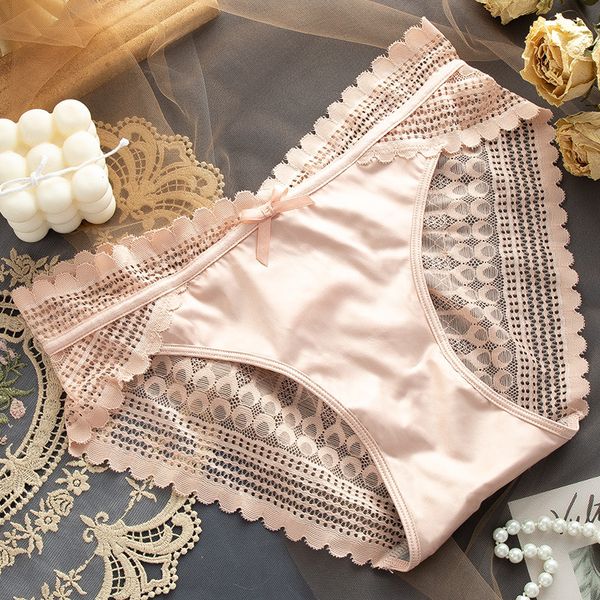 

women lace side underwear seamless breathable briefs nylon for girls ladies cotton crotch solid color lingerie translucent, Black;pink