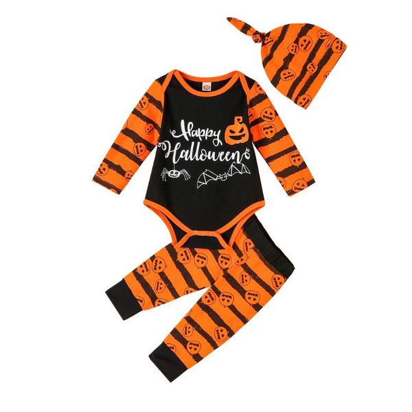 

newborn infant baby boys girls halloween clothes letter print romper striped pumpkin pants hat outfits set 6 12 18 24 months, White