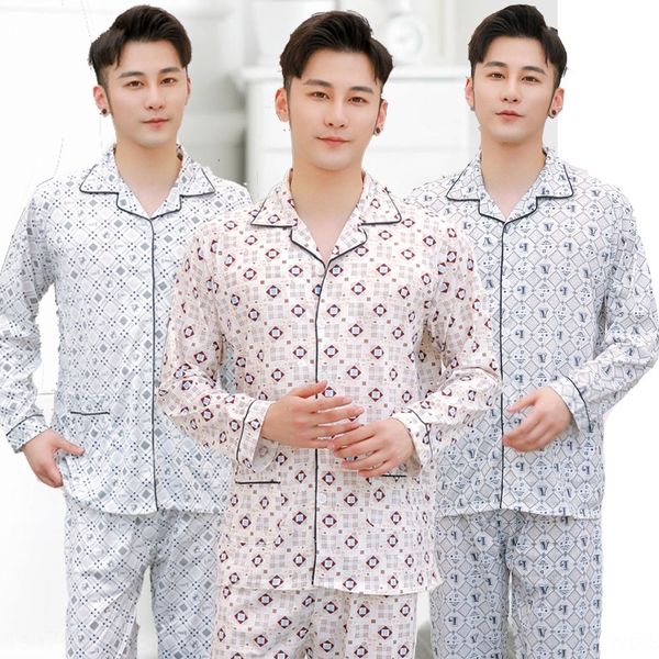 

iub0r autumn men's pajamas long-sleeved trousers cotton lapel set home clothes set pajamas middle-aged plus size open button men's, Blue;red