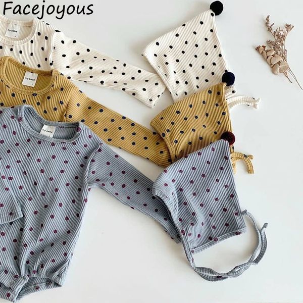 

0-24m baby clothing newborn girl boy bodysuits ribbed cotton long sleeve dot jumpsuit outfit clothes hat for kids baby onesie, Blue