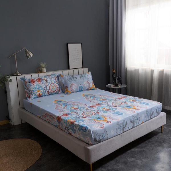 

bohemian blue fitted sheet mattress cover pillowcase  king size home textile