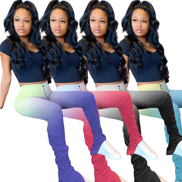 

womens designer stacked leggings pants gradient color mid waist slim split flare trousers fashion female clothing, Black;white