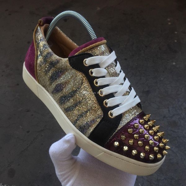 

women's studded sneakers red bottom shoes comfort spikes + glitter leather + low red sole junior spiked trainers luxurious party weddin, Black