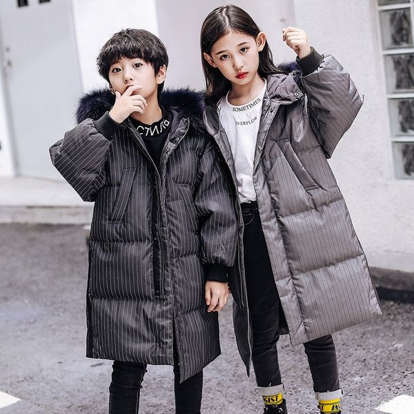 

cwwko new children's mid-length striped medium and warm jacket down jacket large children boys and girls thickened white duck down warm, Blue;gray