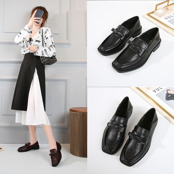 

bow-tie slip on brown loafers women sewing square toe shallow mouth moccasins preppy two ways wear student shoes over size 34-43, Black