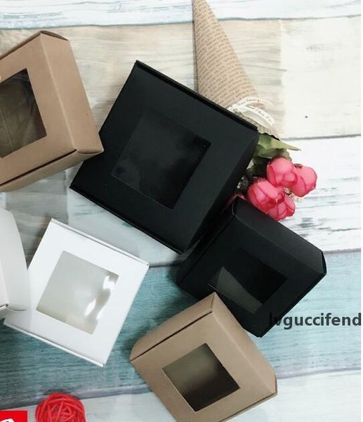 

50pcs 4 sizes folding small black kraft paper box with pvc window gift soap jewelry packaging party cookies baking candy box
