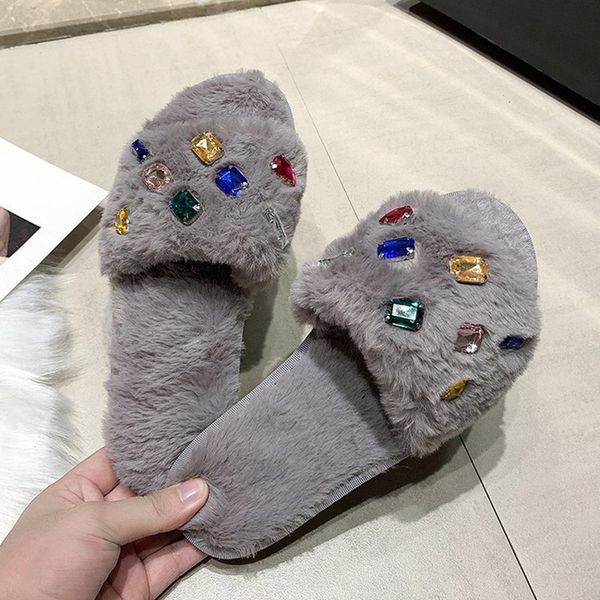 

rimocy fashion colorful crystal home slippers women soft sole non-slip faux fur slippers comfortable fluffy plush flat shoes, Black