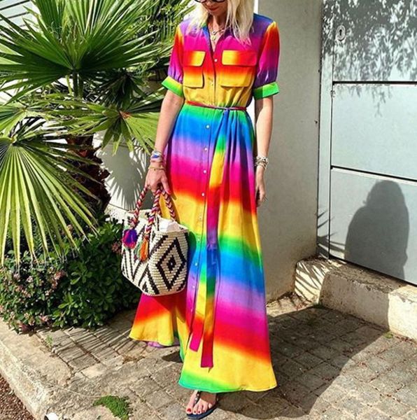 

women colourful striped long maxi button shirt dress evening party long sleeve summer loose beach elegante long dresses, Black;gray