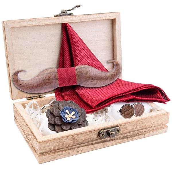 

novelty 3d mustache wooden bow tie for men gift red bule plaid pocket square cufflinks brooch bowtie set and wooden box ties, Blue;purple