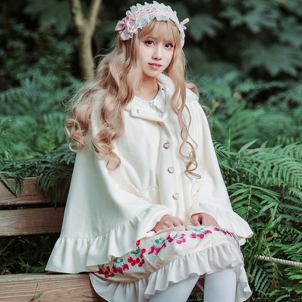 

brocade garden lolita sweet warm fleece thickened woolen rabbit ear cloak wool tu er wool bow pocket cloak outside, Black