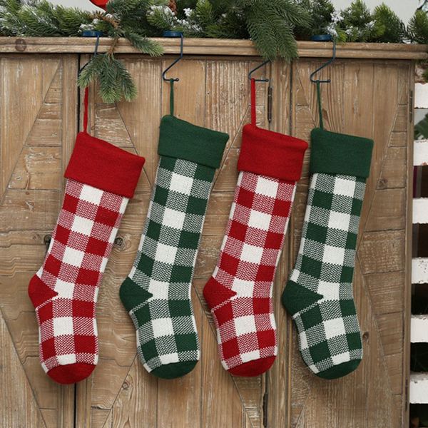 

46cm knit plaid christmas stockings santa claus candy gift bags xmas home festive party decorations