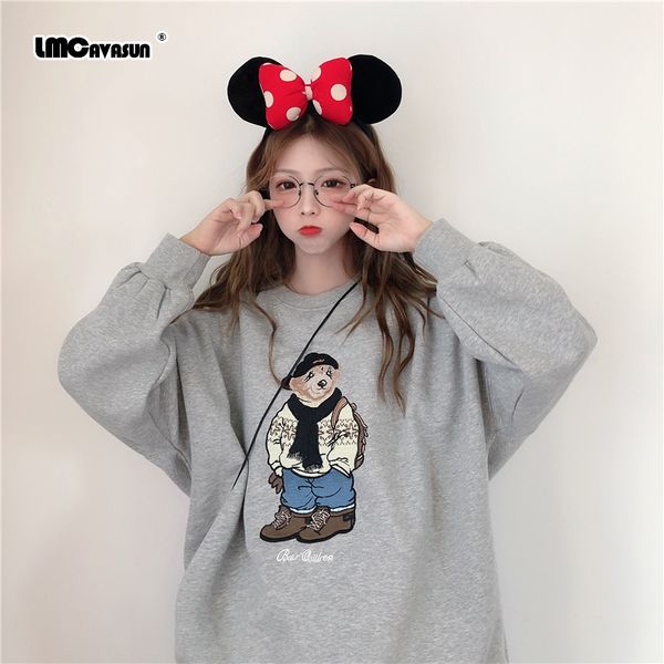 

lmc/ women's sweatshirts japanese harajuku ulzzang casual loose retro cartoon bear sweatshirt female kawaii clothing for women, Black