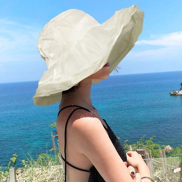 

beach ladies summer foldable fisherman season seaside outdoor screen beach women's sun hat big eaves sun hat, Blue;gray