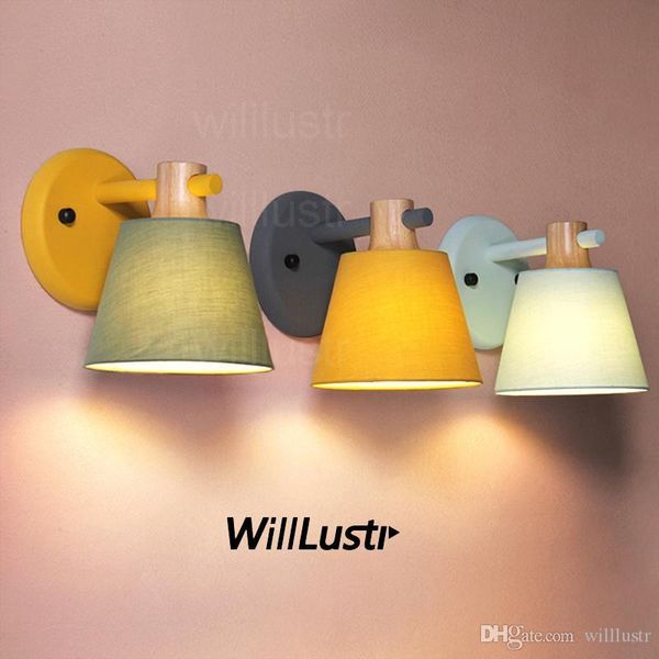 

willlustr wall lamp sconce color fabric shade oak wood iron arm wall sconce bedside kitchen sofa side l restaurant light yellow green