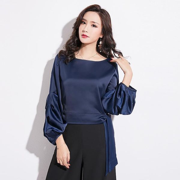 

2020 season suit -dress long sleeve solid color round neck easy jacket chalaza lantern sleeve shirt woman, White