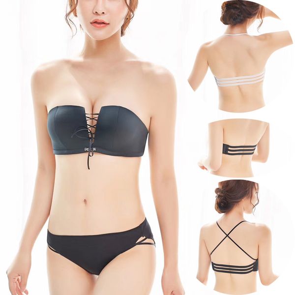 

invisible bras set women lingerie beauty back bralette adjustable strapless underwea push up bra magic brassiere sets, Red;black