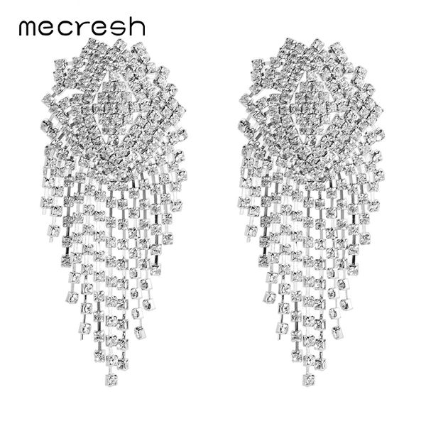 

mecresh bohemian women big tassel earrings statement large flower rhinestone long dangle earrings for valentine's day meh1246, Silver