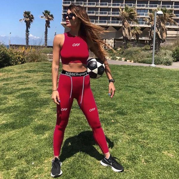 

2 piece set women letter yoga set sportswear tracksuit running gym clothing sports tank high waist leggings sports suit, White;red