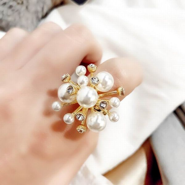 

big pearl fireworks rings for women 2020 new fashion jewelry white statement flower ring adjustable, Golden;silver