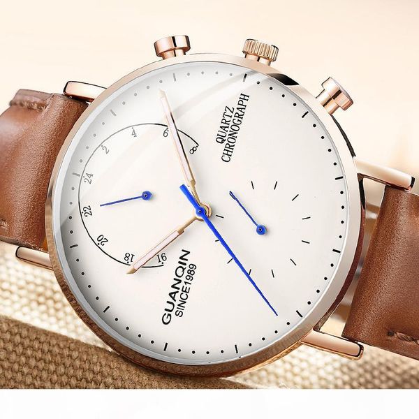 

guanqin design genuine leather watches men brand new men sports clock sapphire analog waterproof mens quartz wrist watches, Slivery;brown