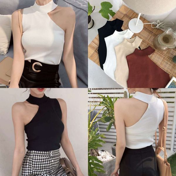 

small machine coat shoulder open shoulder slim slim korean style sleeveless hanging neck knitted top, Camo